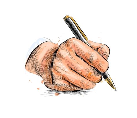 Premium Vector | Male hand with pen from a splash of watercolor, hand drawn sketch. illustration ...