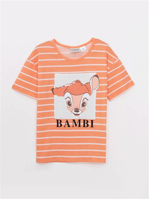 Crew Neck Bambi Printed Reversible Sequined Short Sleeve Cotton Girls T-Shirt -S2I169Z4-LSR ...