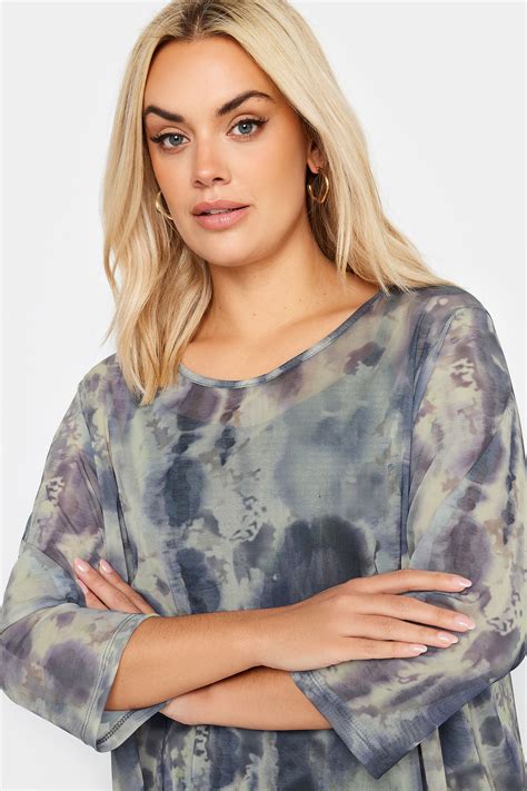 YOURS Plus Size Blue Abstract Print Mesh Layered Top | Yours Clothing
