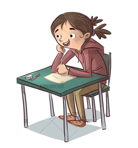 Estudiante sentada en un escritorio escribiendo - Dibustock, Ilustraciones infantiles de Stock