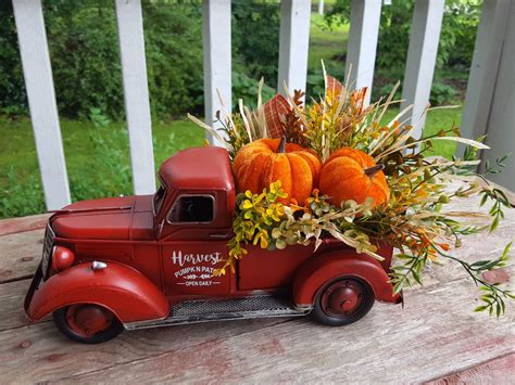 Fall red truck deor: Red truck, Fall pumpkin arrangement, Fall red ...