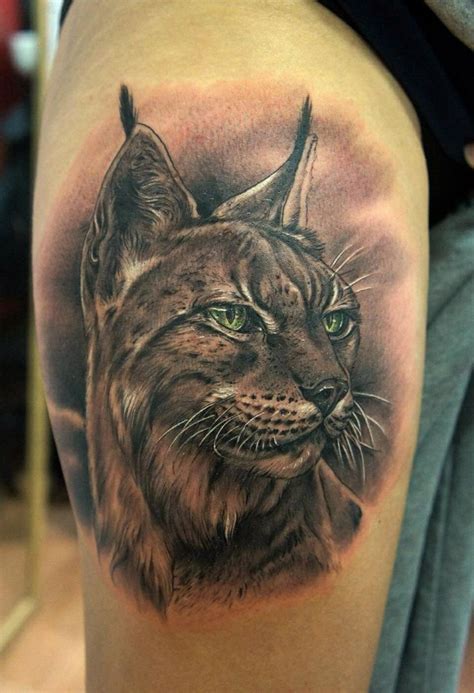 Geometric Lynx Face Tattoo On Girl Thigh By Deanna Wardin