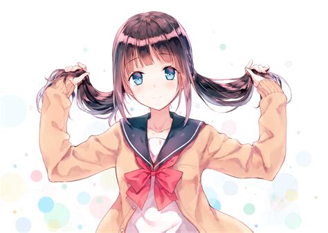 Download Smile School Uniform Blue Eyes Blush Brown Hair Short Hair Twintails Anime Original HD ...