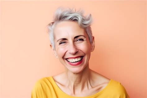 Premium AI Image | A woman with short grey hair smiles and smiles.