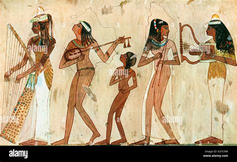 INSTRUMENTS - ANCIENT - EGYPT Wall-painting showing musicians playing HARP, (type of) LUTE ...