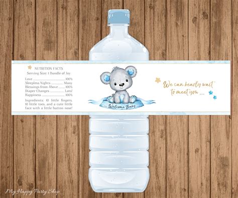 Bear Water Bottle Labels, PRINTABLE, Teddy Bear Baby Shower, Blue Bear ...