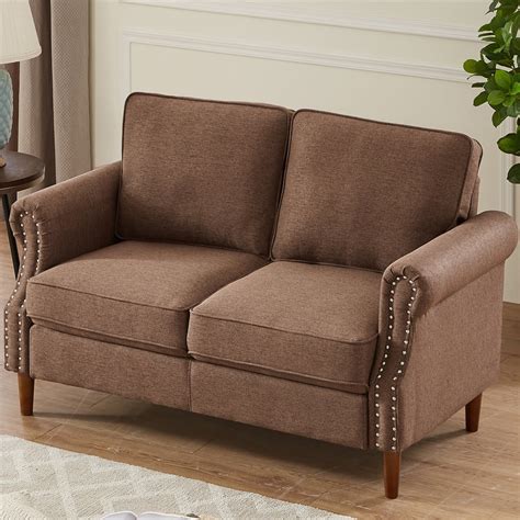 Brown Loveseat, Modern Linen Fabric Sofas for Small Spaces, Upholstered Armrest Sofas with Solid