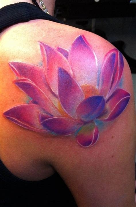 breathtaking lotus watercolor tattoo on shoulder - purple, pink ...