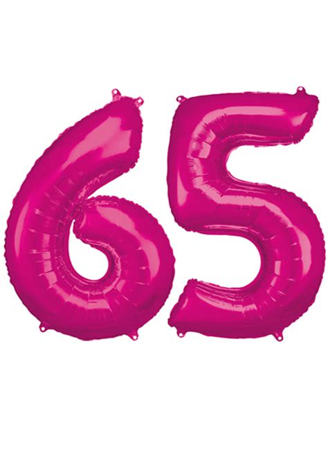 Inflated Large Bright Pink Number 65 Balloons On Weights