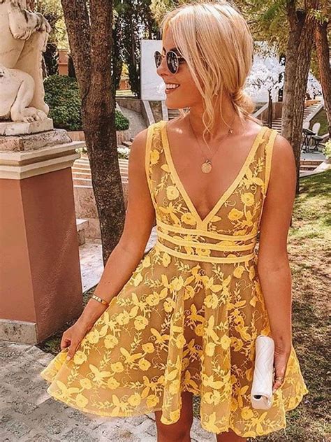 V Neck Short Yellow Lace Prom Dresses, Short Yellow Lace Formal ...