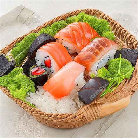 Premium AI Image | Sushi on a black wicker basket white background image download