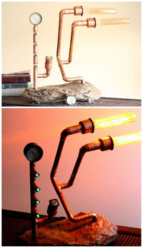 Steampunk Copper Lamp with Rock Base #lighting #pipes #industrial #LED Cool Lamps, Unique Lamps ...