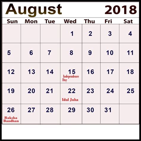 Calendar Holidays For August | Holiday calendar, Free calendar template ...