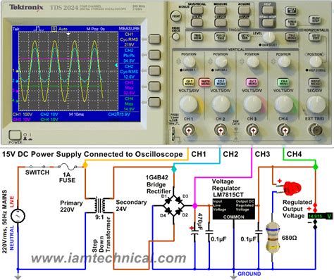 220VAC to 15VDC Power Supply Output Signals to Four Channel Digital 'Tektronix' Oscilloscope ...