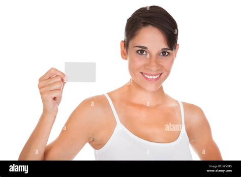 Happy Woman Showing Visiting Card Over White Background Stock Photo - Alamy