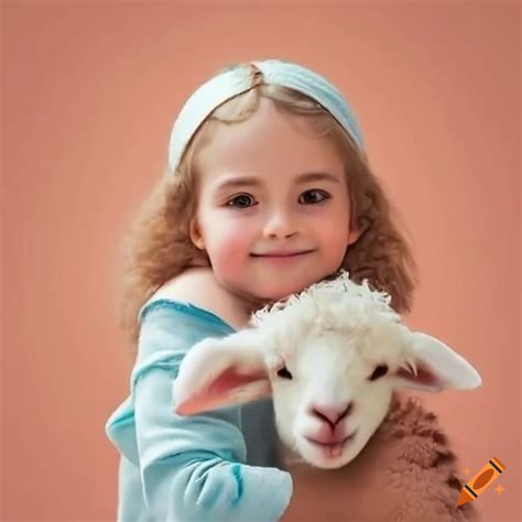 Child cuddling a fluffy lamb