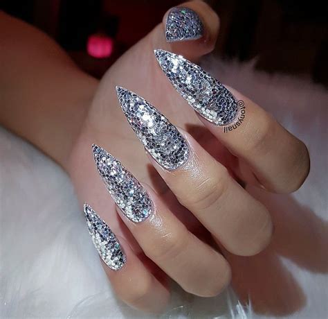 Custom long silver glitter stiletto nails | Stiletto nail art, Long ...