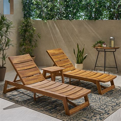 Allaire Outdoor Acacia Wood Chaise 3-Piece Lounge Set, Teak, Brown ...