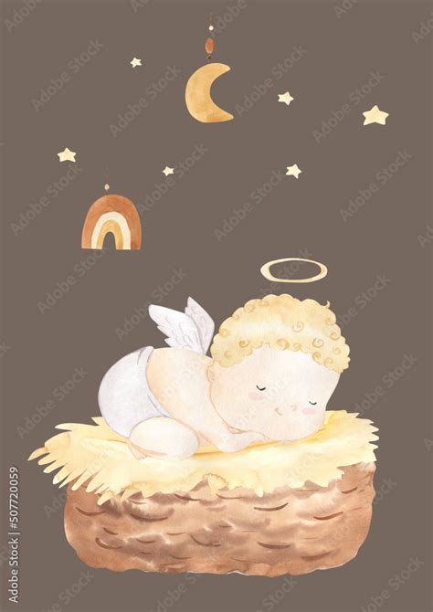 Watercolor sleeping baby angel. Illustration for kids Stock ...