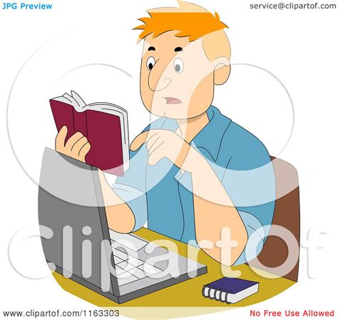 Cartoon of a Male Author or Student Reading a Dictionary over His Laptop - Royalty Free Vector ...