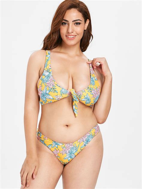 [57% OFF] Plus Size Floral Tied Bikini Set | Rosegal