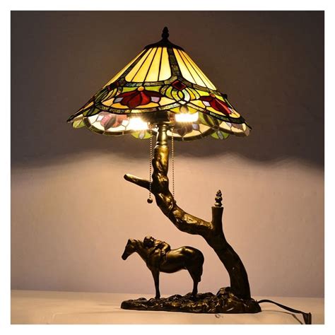 Elagent Stained Glass Table Lamp Tiffany Style Desk Light With 16 Inch Lamphade With Horse Resin ...