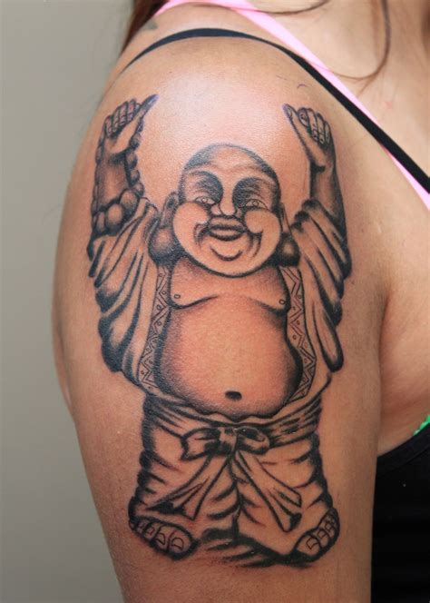 Women Bicep Decorated With Laughing Buddha Tattoo In Dancing Mood | Buddha tattoo design ...