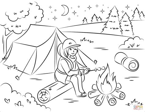 Girl Roasting Marshmallow over Campfire coloring page | Free Printable Coloring Pages