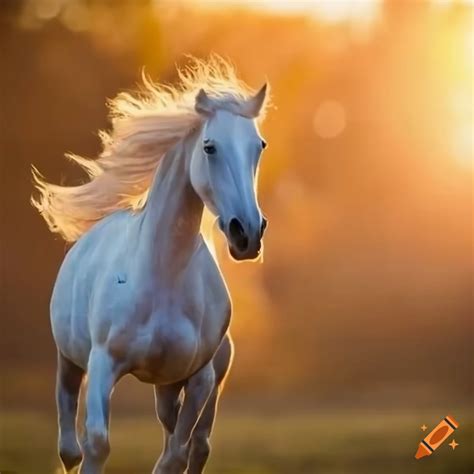 Elegant white horse running in a pasture at sunset on Craiyon