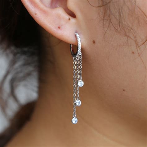Fine 925 sterling silver round cz Tassel Long chain Dangle Earrings elegance high quality ...