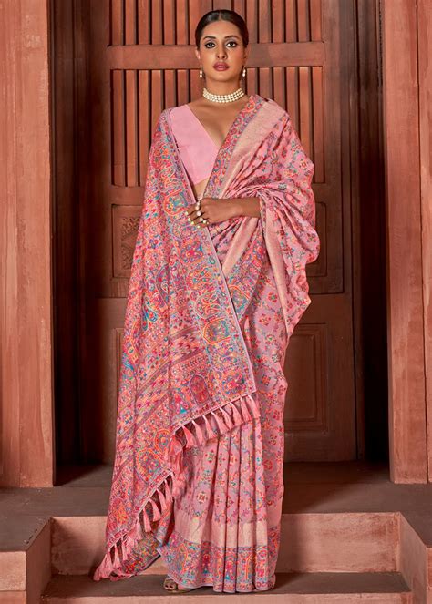 Pink Kashmiri Jamawar Woven Pashmina Silk Saree - Urban Womania