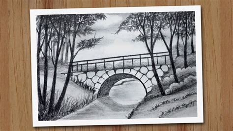 Forest bridge scenery drawing with pencil step by step, Pencil drawing ...