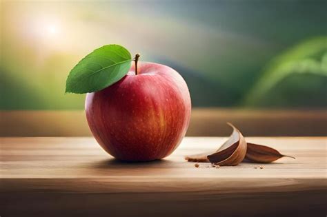 Premium Photo | An apple on a wooden table with a green leaf and a ...