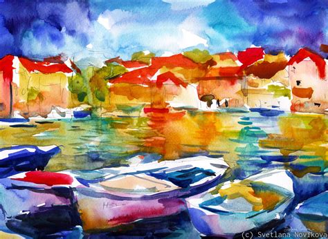 Painting : "European port boats watercolor painting by Svetlana ...