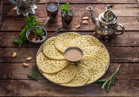 Baghrir With Honey, Almond Sauce And Mint Tea Stock Image - Image of ...