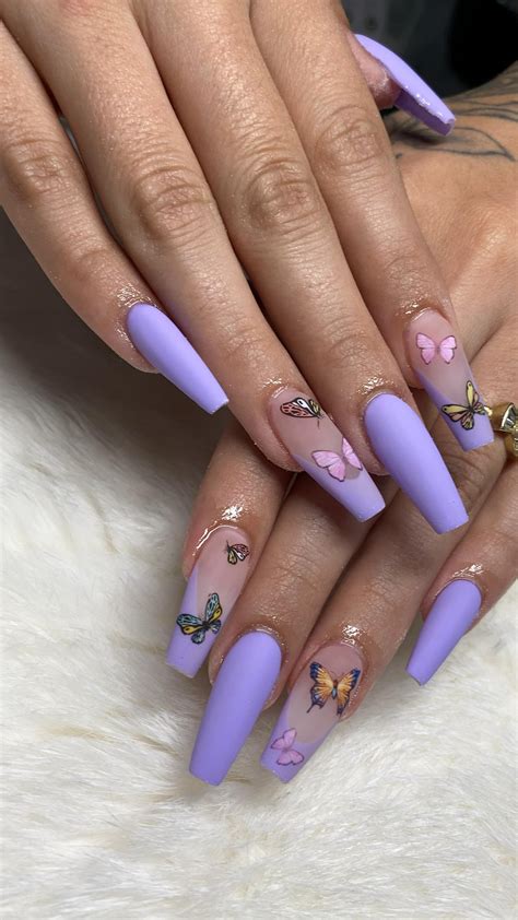 Butterfly Nail Art Matte Purple Acrylic Nails | Acrylic nails, Purple ...