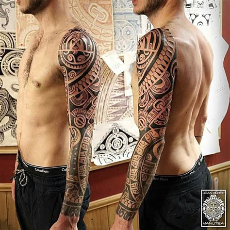 Maori style full sleeve tattoo.