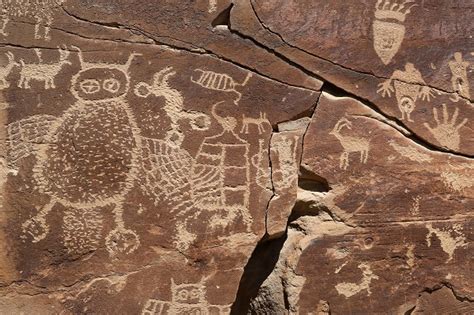 Native American Indian rock art petroglyph owl panel panorama 1409. Nine Mile Canyon, Utah ...