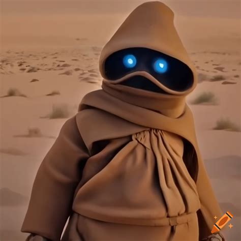 Jawa from star wars in the desert with blue eyes on Craiyon