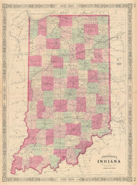 Johnson's Indiana. US state map showing counties 1865 old antique chart