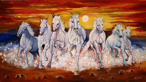 It is a beautiful #painting of seven running white #horses. The #artist ...