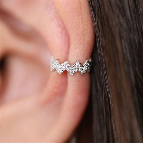 Diamond Cuff Earring, Zig Zag Diamond Huggie with Chain Drop Earring, Unique Diamond Dangle ...