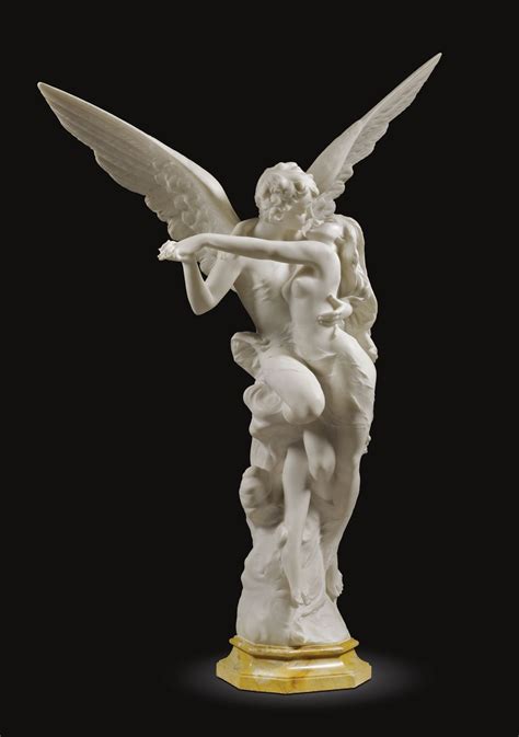 Italian, circa 1900 - CUPID AND PSYCHE - white marble on a veined yellow marble base - 128.5cm ...