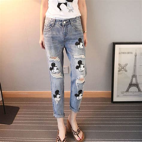 FREE SHIPPING Mickey Mouse Jeans Women Distressed Ripped Boyfriend Jeans woman Cartoon Mickey ...