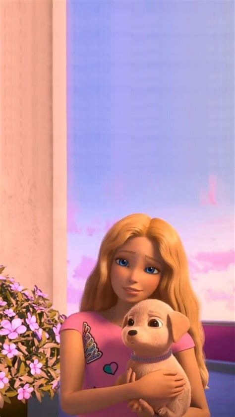a barbie doll holding a stuffed animal in front of a flower pot with pink flowers