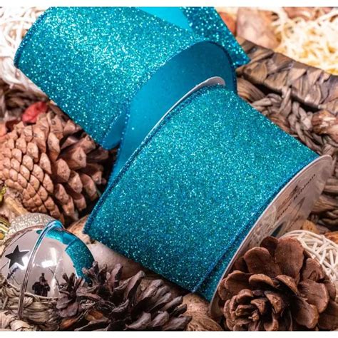 63mm x 10yrds Turquoise Glitter Ribbon With Wired Edge