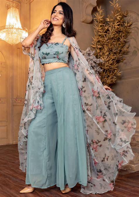 Blue Crop Top Palazzo Set With Shrug | Trendy outfits indian, Western dresses for girl, Stylish ...
