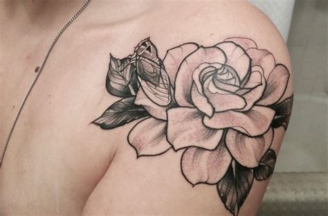 Gardenia and Cicada shoulder piece by Blayne Bius at Live Free Tattoo: Atlanta, GA : r/tattoos