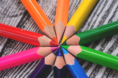 Color pencils in arrange in color wheel colors Stock Photo by slavereva