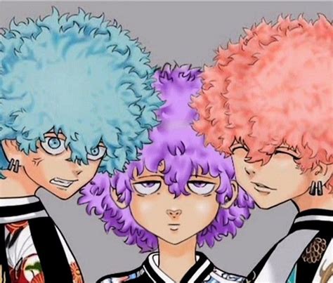 three anime characters with different colored hair